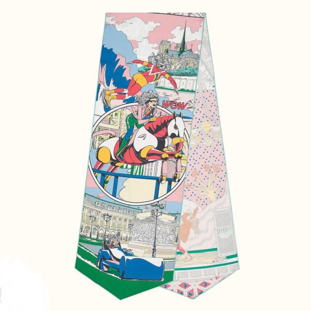 hermes le premier chant wow! silk muffler scarf rose/blanc/multicolore
